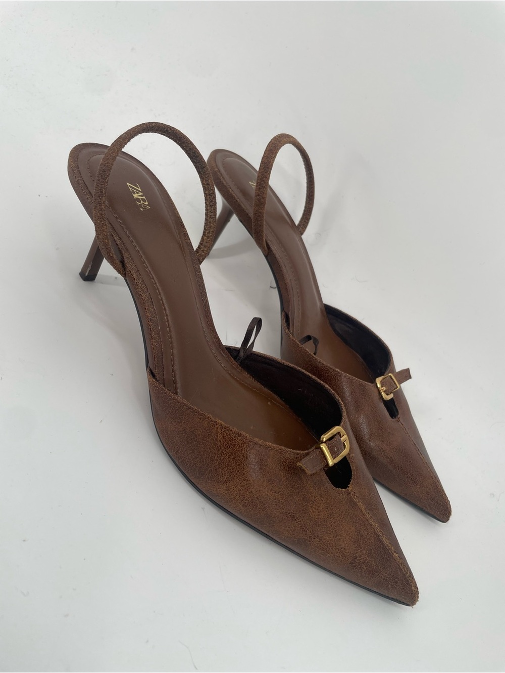 Zara Faux Leather Brown Slingback Kitten Heels Pointed Toe Classic Shoes